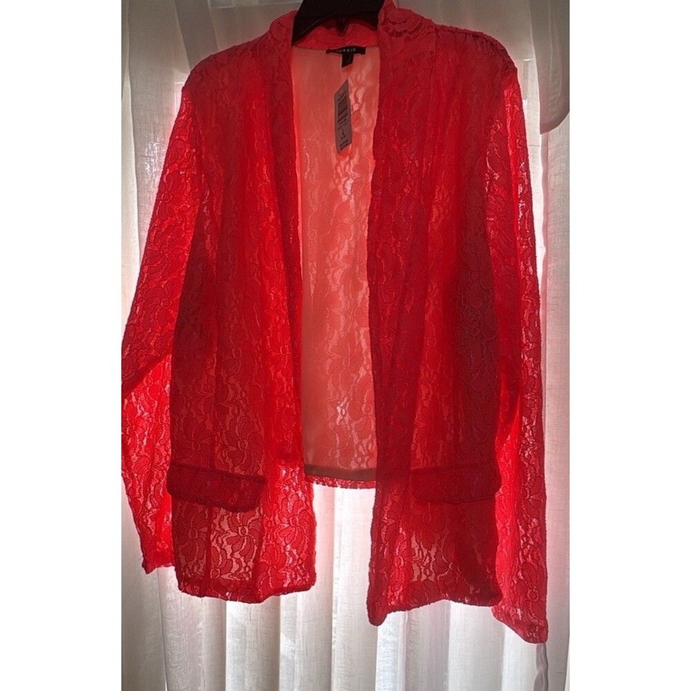 TORRID Crepe Lace Open Front Blazer, Long Sleeve Neon Coral, 3X 22/24 NWT SPRING